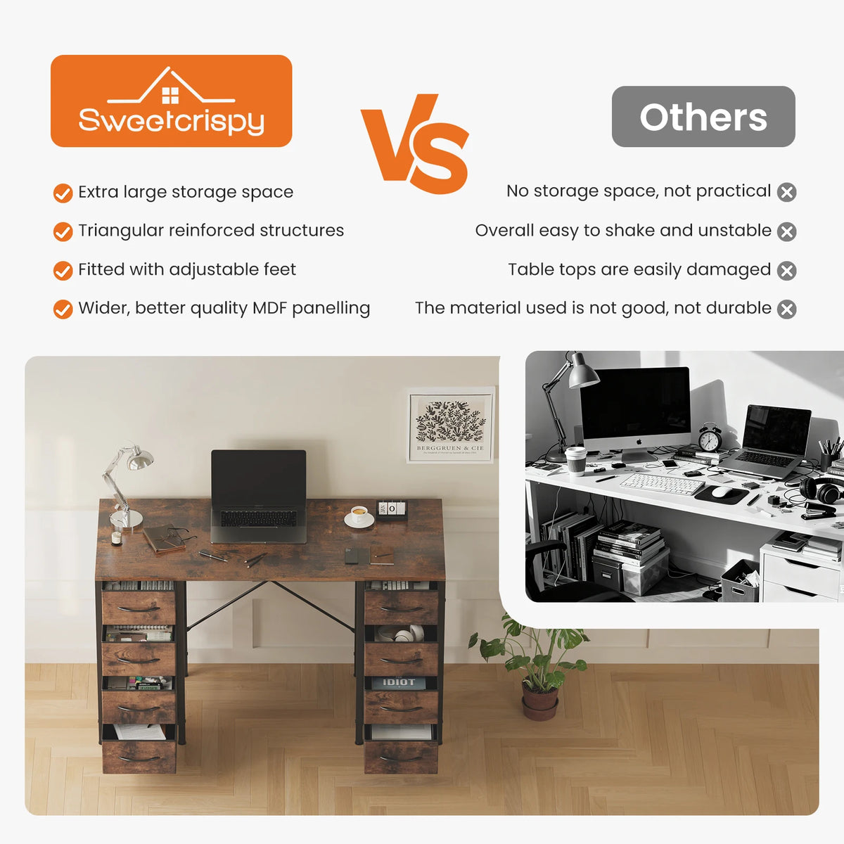 MCQ 47 Inch Standing Office Computer Desk with 8 Fabric Drawers Ergonomic X-Shaped Reinforced Structure Writing Study Work Table Gaming Table for Home Office Use Workstation ﻿