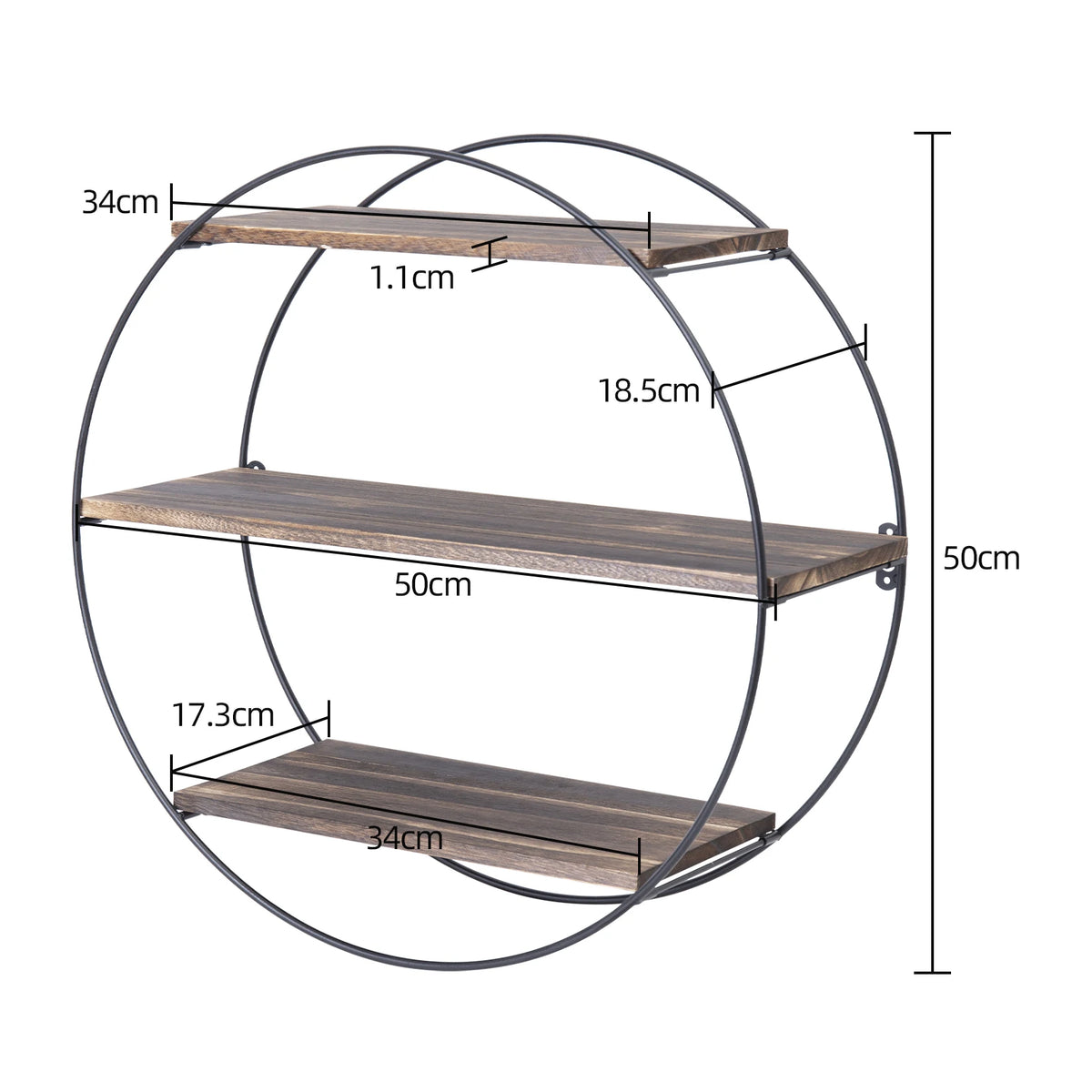 3-Tier Round Wall Shelf, Pine Wood Floating Shelves with Black Iron Frame, Industrial Display Rack for Living Room Bedroom