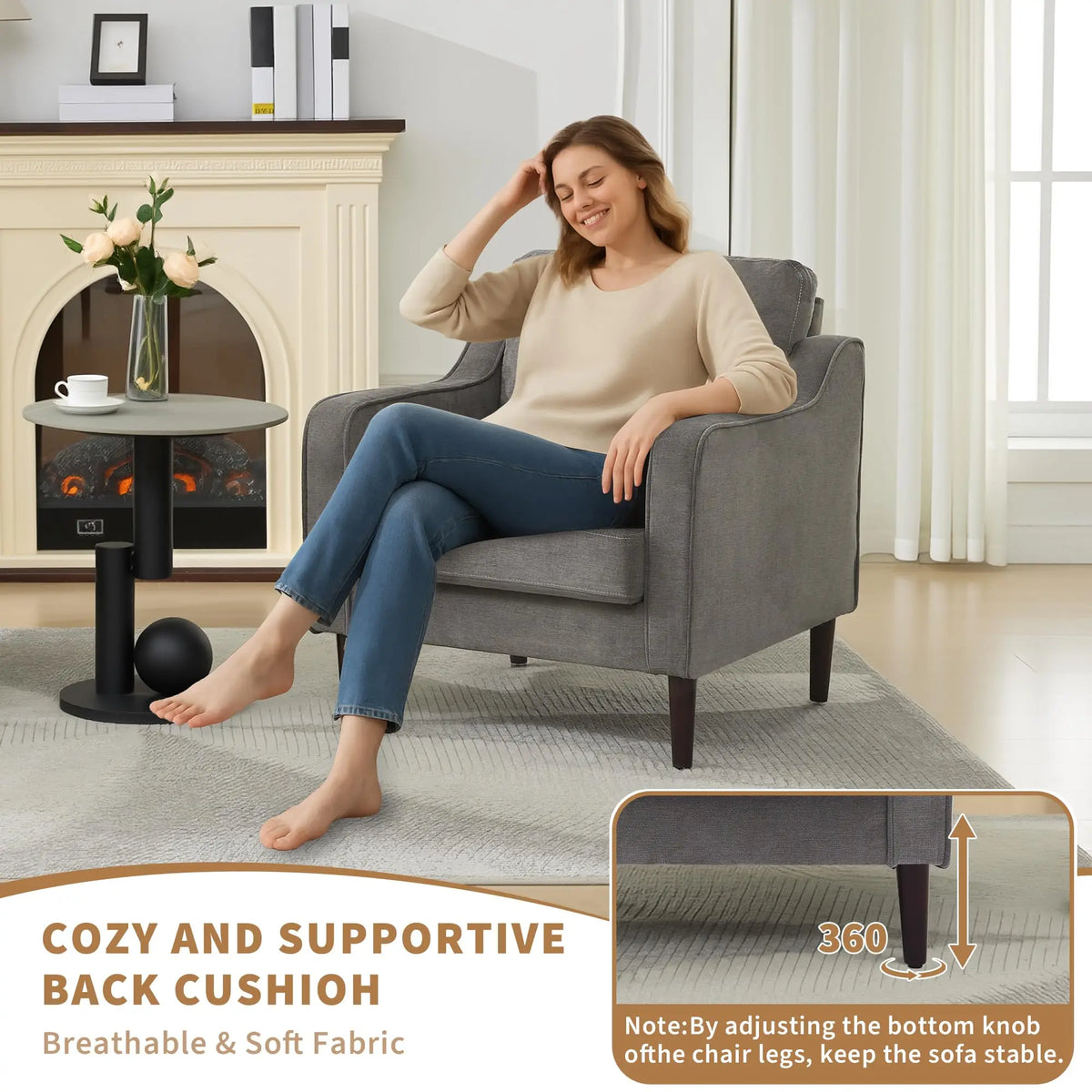 Modern Upholstered Accent Chair, Single Sofa Armchair with Solid Wood Legs, Comfy Lounge Chair for Living Room Bedroom