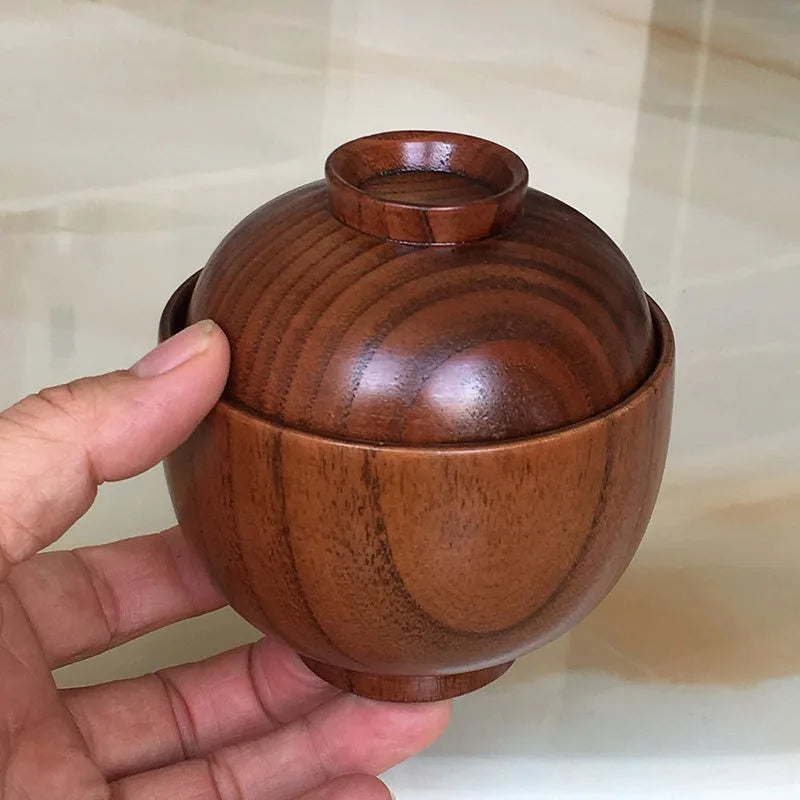 Wooden Bowl with Lid Set Child Safe Anti Scald Miso Soup Bowl Rice Salad Bowl Natural Wood Serving Tableware Nut Bowl for Home Kitchen