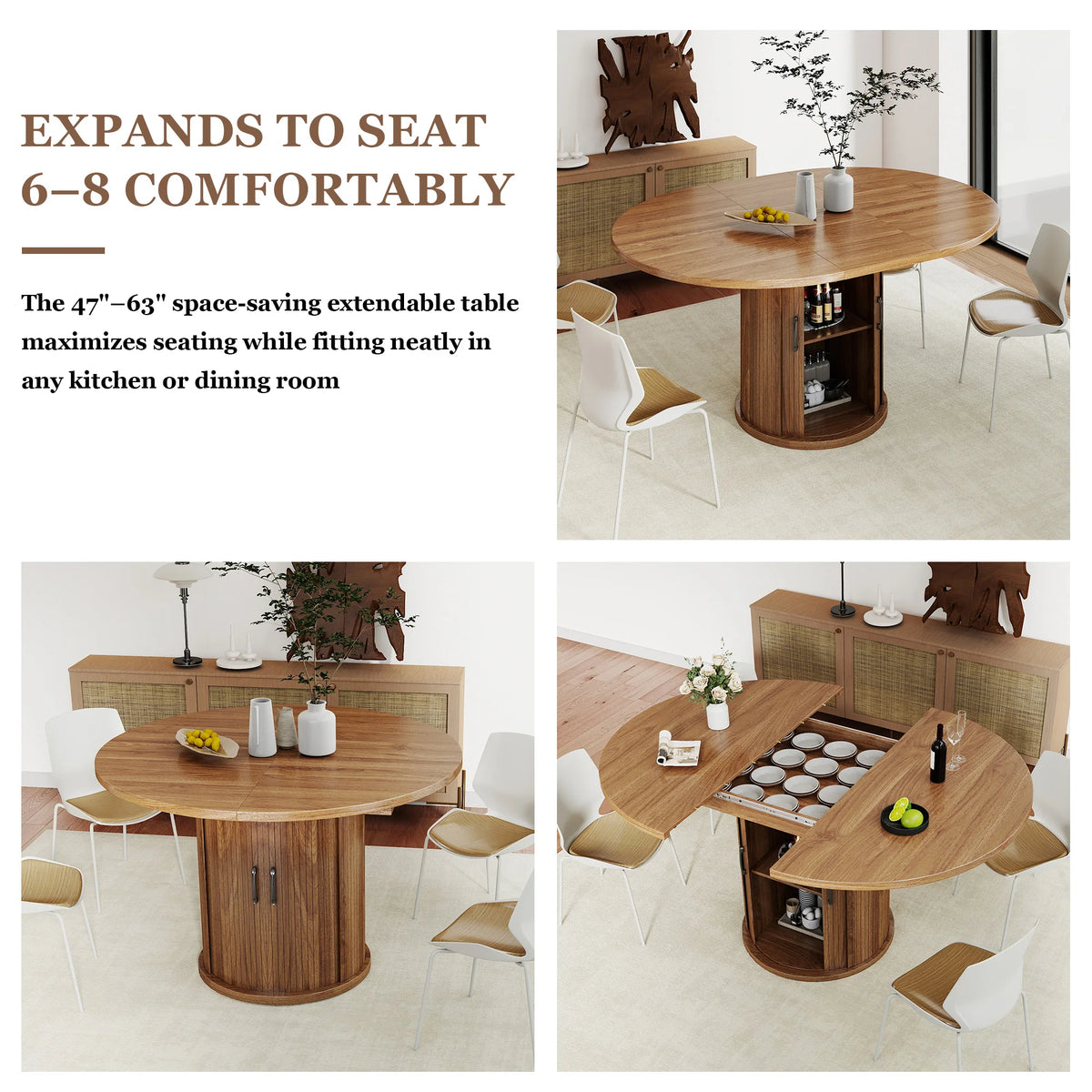 Modern Extendable Round Dining Table 47''-63'' for 4 to 8 People with 2-Tier Storage Shelf Space-Saving Oval Design Wood Kitchen Table with Pedestal Base