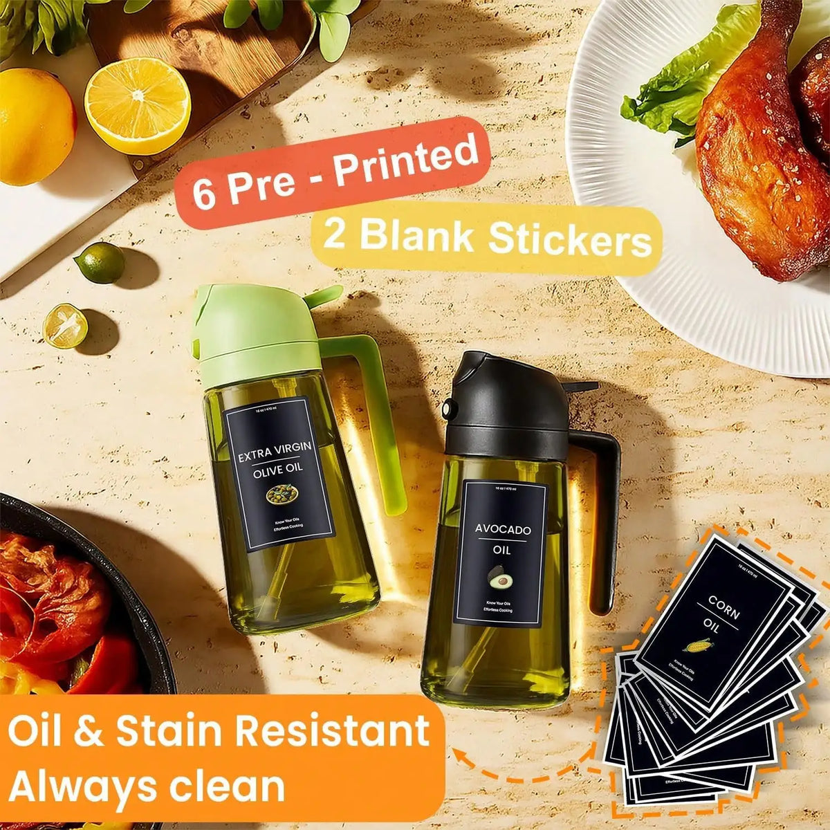 2-In-1 Glass Olive Oil Sprayer Bottle With Dispenser, 16oz Cooking Oil Spray Bottle With Labels For Kitchen, Air Fryer, Salad, BBQ & Baking, Easy Pour Oil Container