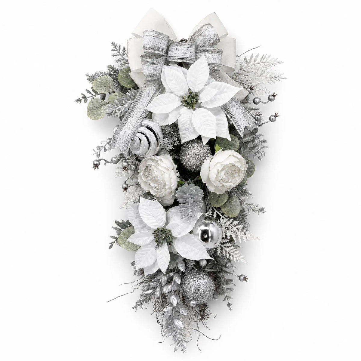 30 Inch Silver White Christmas Teardrop Swag With Frosted Pine, Roses Poinsettia Bow For Front Door Mantel Wall Holiday Decor