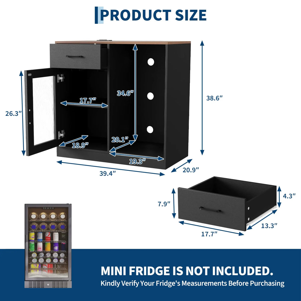 Coffee Bar Cabinet With Mini Fridge Space, Power Outlet, Fluted Acrylic Doors, Drawer, Glass Holders, Adjustable Storage Shelves