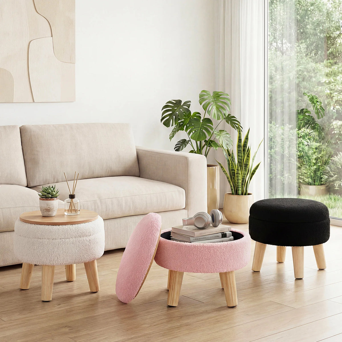 MCQ Round Velvet Ottoman Foot Rest Stool with Storage Makeup Cute Soft Small Footstool Wood Legs with Anti-Slip Feet for Living Room Bedroom Entryway