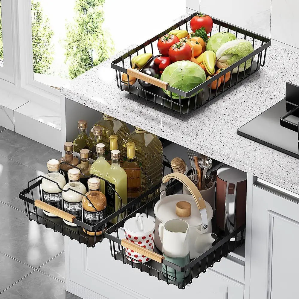 Takywep Pull Out Cabinet Organizer No Drill Adhesive Sliding Mesh Basket with Smooth Glide Under Sink Drawer for Kitchen Pantry Bathroom Storage