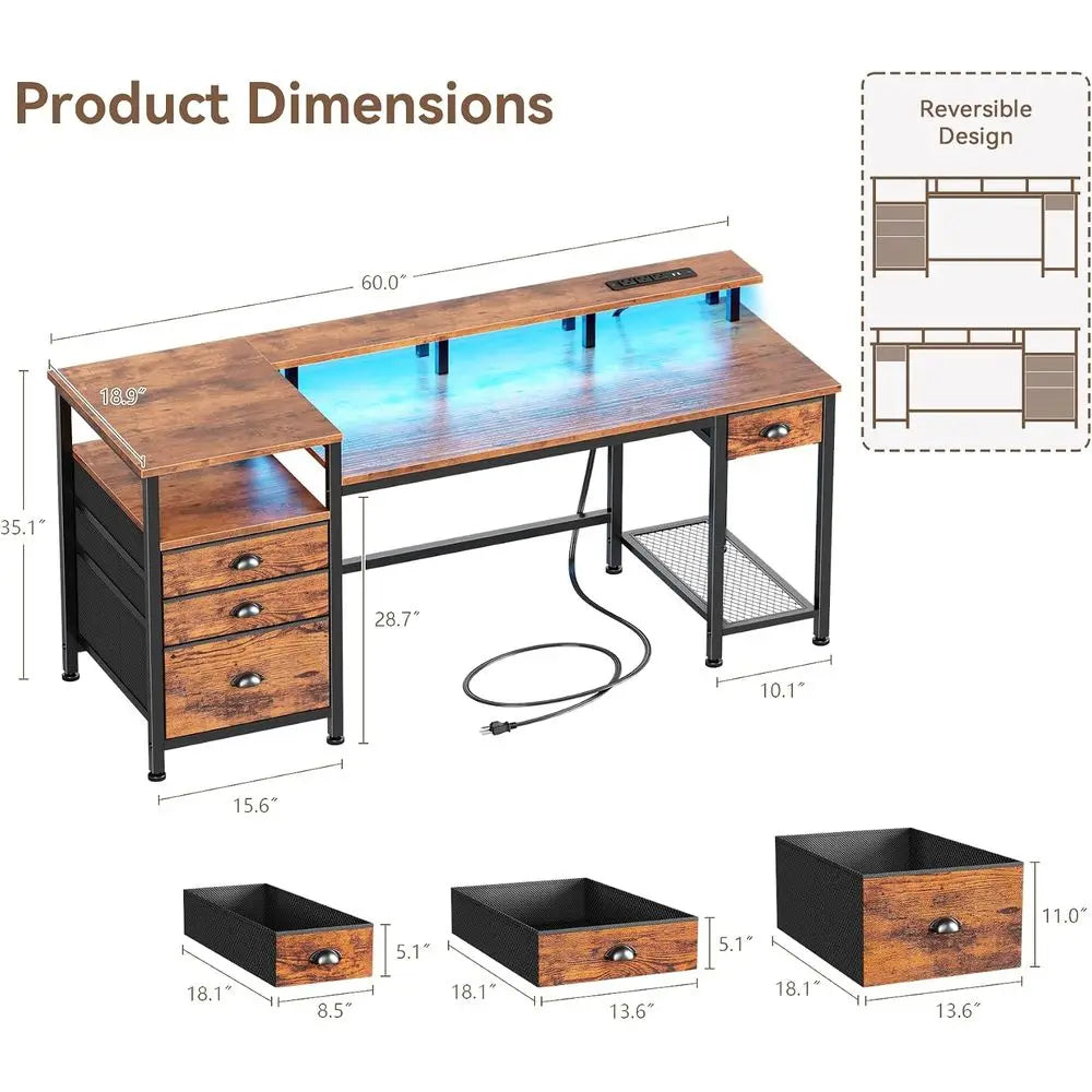 60" Computer Desk with ile Cabinet and Storage Shelves, Reversible Home Oice Desk with LED Lights, ull Monitor Stand, Power Outl