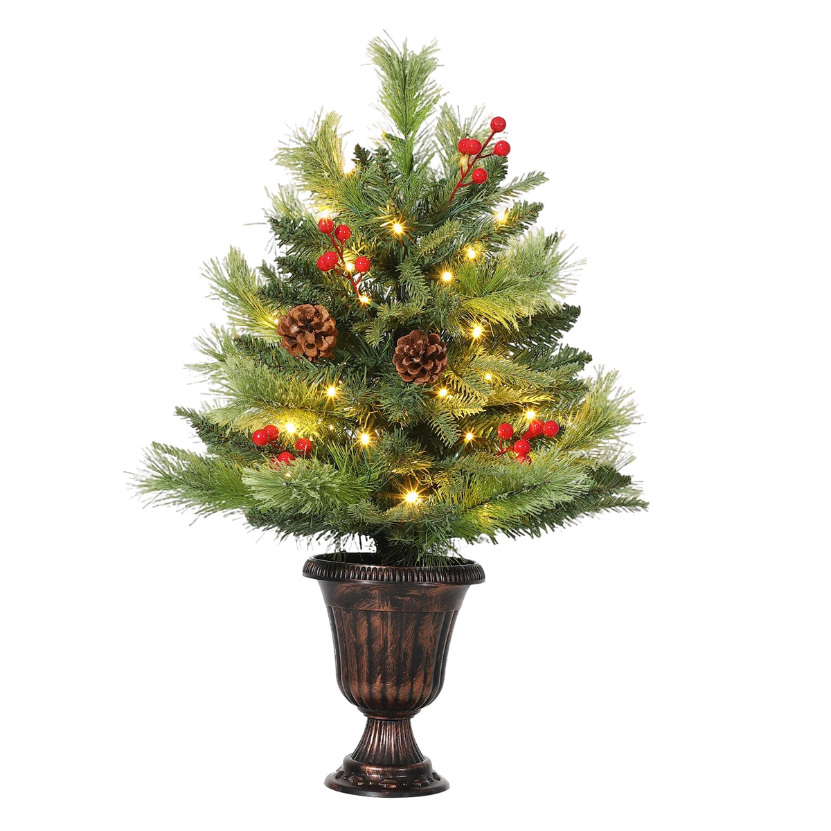 Mini Artificial Christmas Tree Pre Lit 2ft 3ft with 40 70 Warm LED Lights Pine Cones Red Berries Tabletop Holiday Decor for Home Office Indoor Outdoor