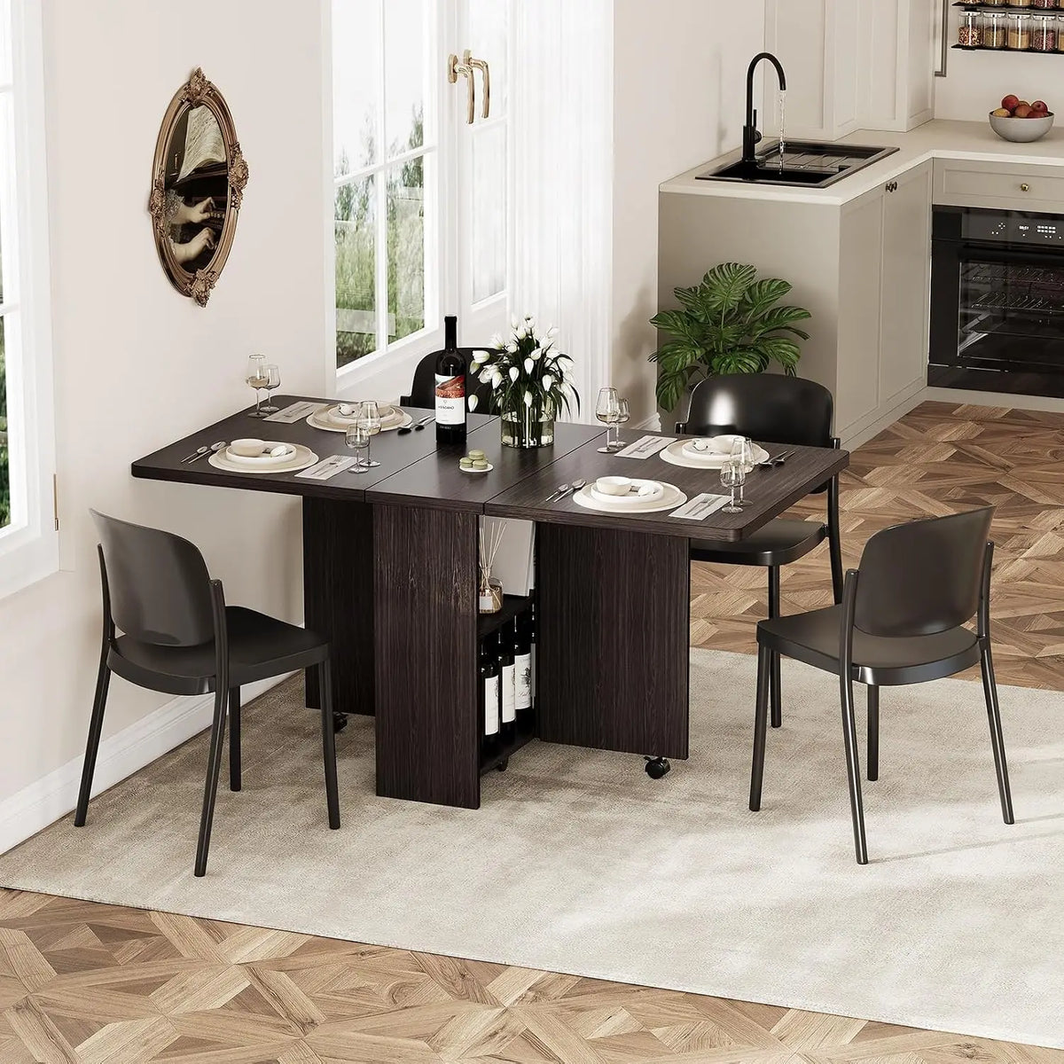 Folding Dining Table Drop Leaf Storage Lockable Wheels, Sturdy Walnut Wood for Small Flats, Converts 2 to 6 Seater with 2-Tier Rack for Kitchen,Dining Room