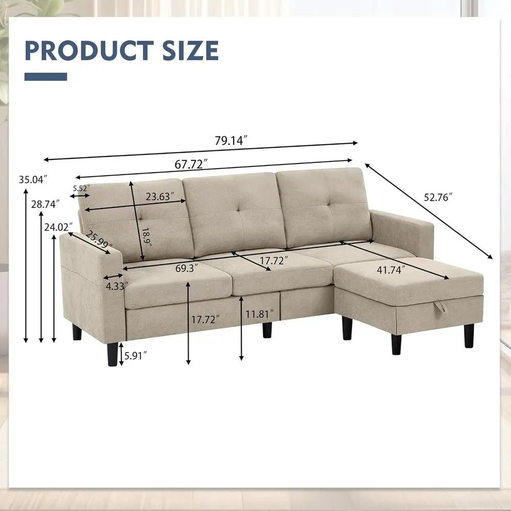 79" Convertible Sectional Soa, Small L Shaped 3 Seat Couch with Storage Chaise and Side ket, ern Linen abric Reversible Soa Couc