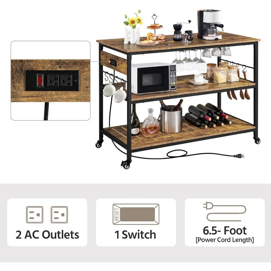 Rolling Kitchen Island with Power Outlet, 3 Shelves, Rustic Brown