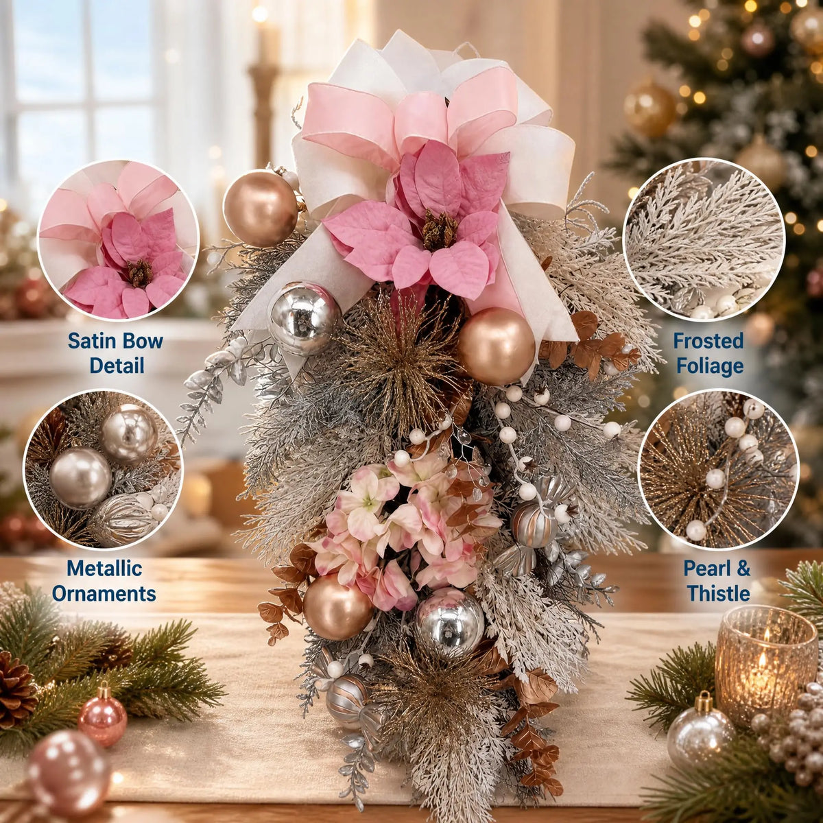 30 Inch Pink Christmas Teardrop Swag With Satin Ribbon Bow, Frosted Pvc Pine For Front Door Wall Window Mantel Holiday Decor