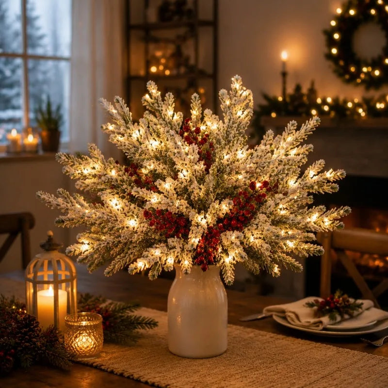 21 Artificial Norfolk Pine Branches with Light String Design, Featuring Red Berries, 12.8-inch Christmas Green, Choose Norfolk Pine Trunks and Fake Pine Needles for Vase Filling, DIY Craft Flower Garland Home Decoration Cream