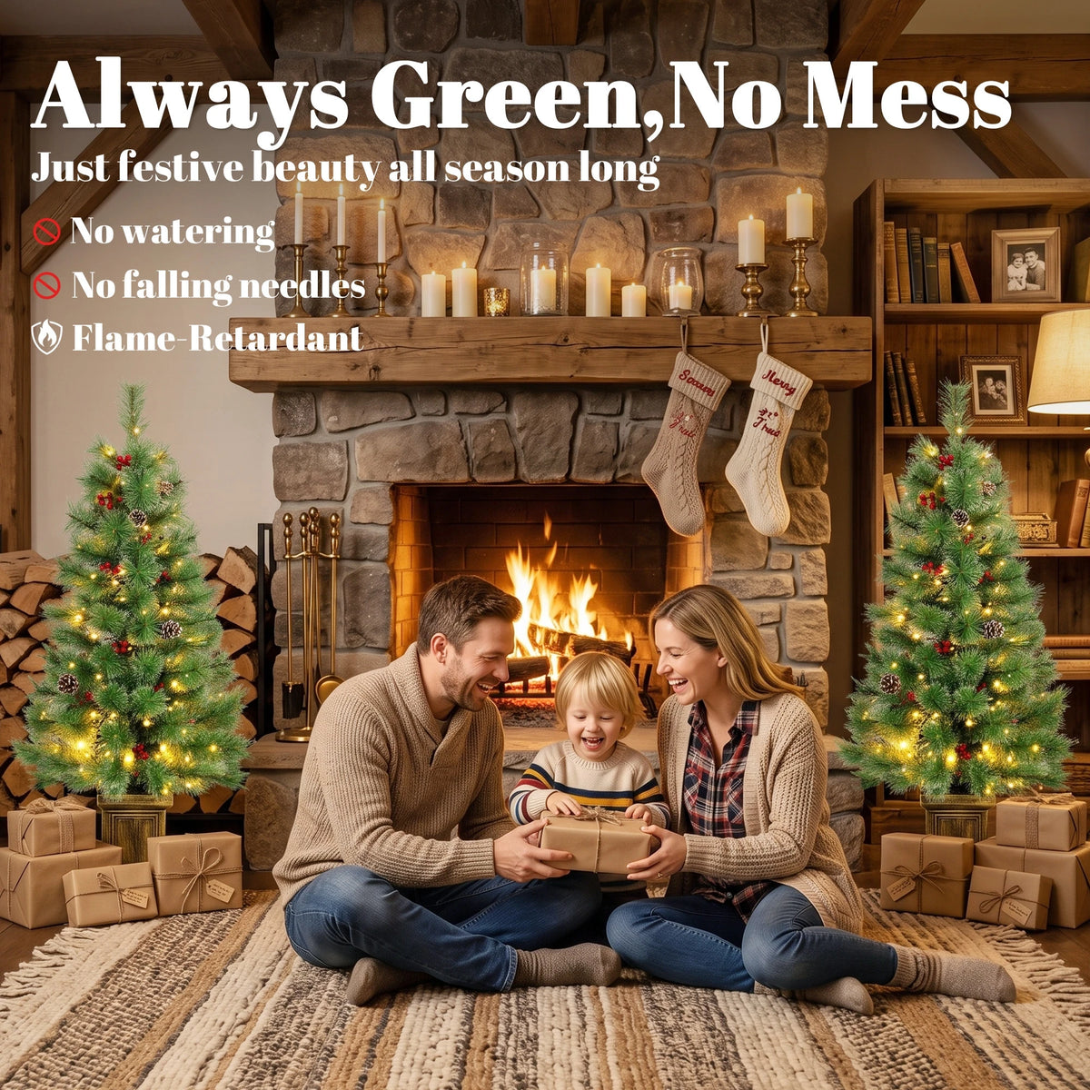 HOMCOM 4ft Pre-Lit Artificial Christmas Tree Set of 2, Dual Colors, Remote