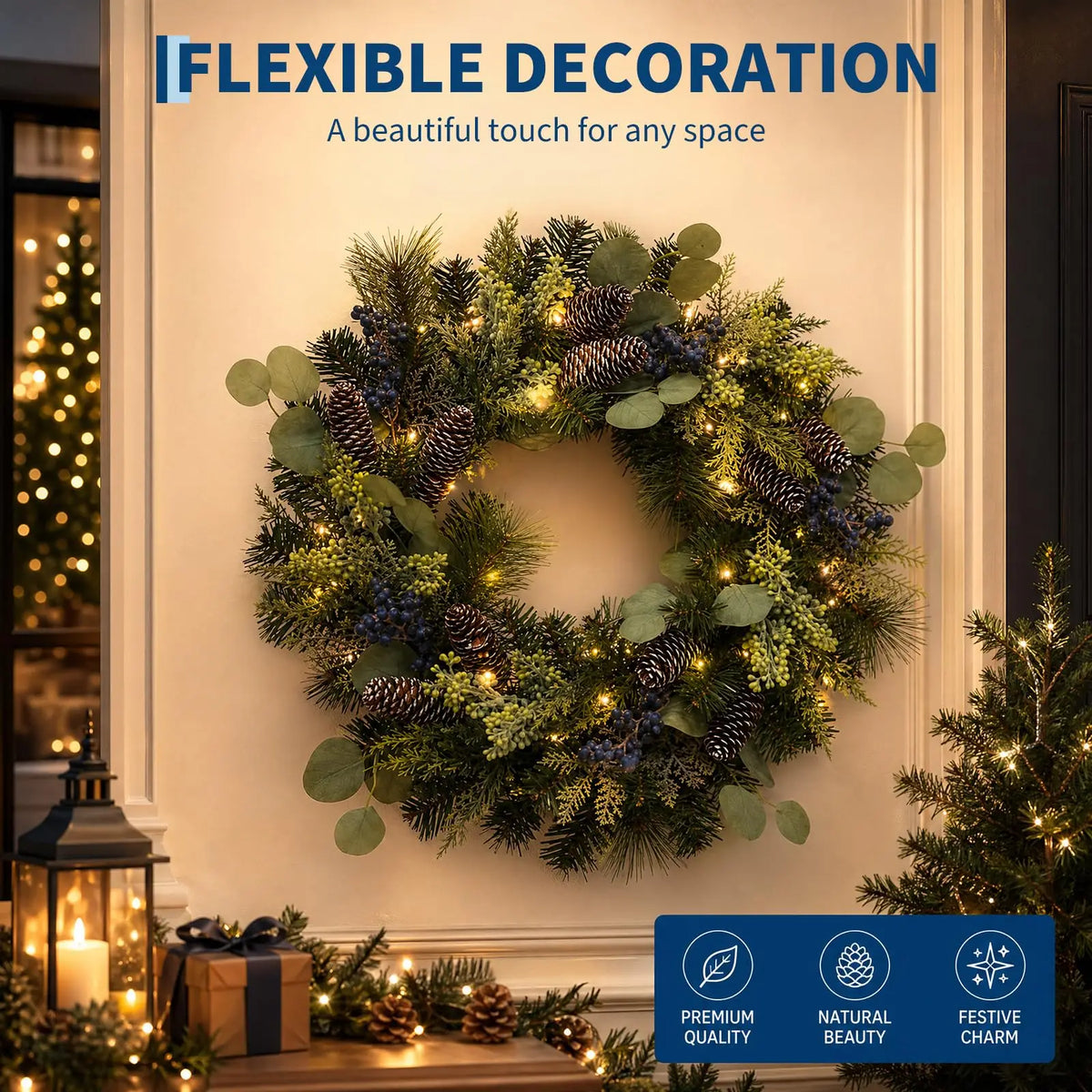 24 Inch Pre-Lit Blue Berry Christmas Wreath With 20 Led Lights, 8 Modes & Timer, Battery Operated Front Door Mantel Decor