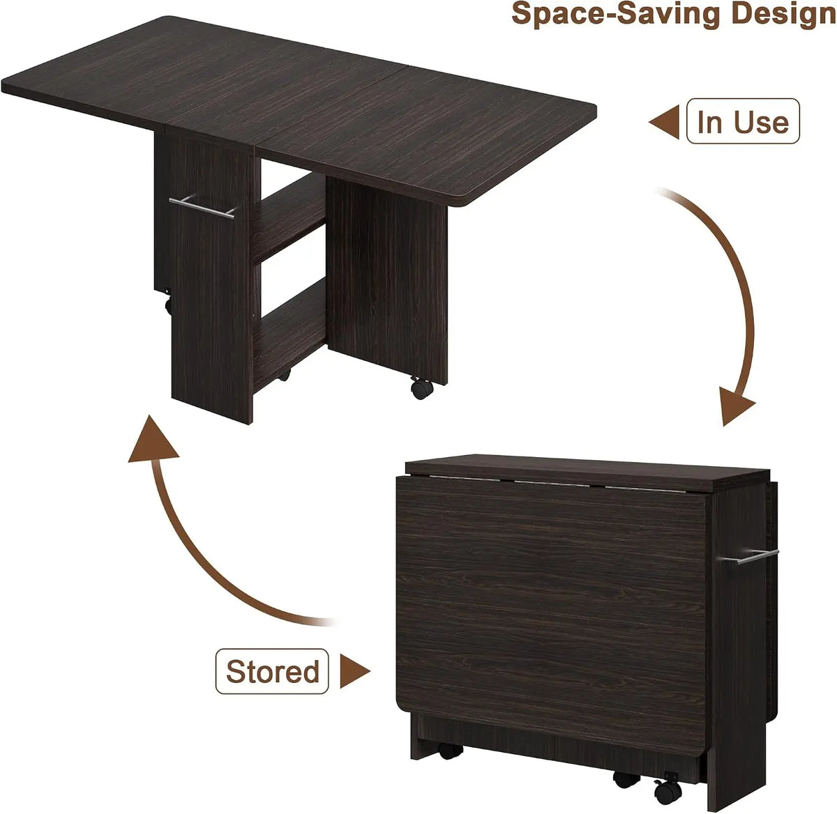 Folding Dining Table Drop Leaf Storage Lockable Wheels, Sturdy Walnut Wood for Small Flats, Converts 2 to 6 Seater with 2-Tier Rack for Kitchen,Dining Room