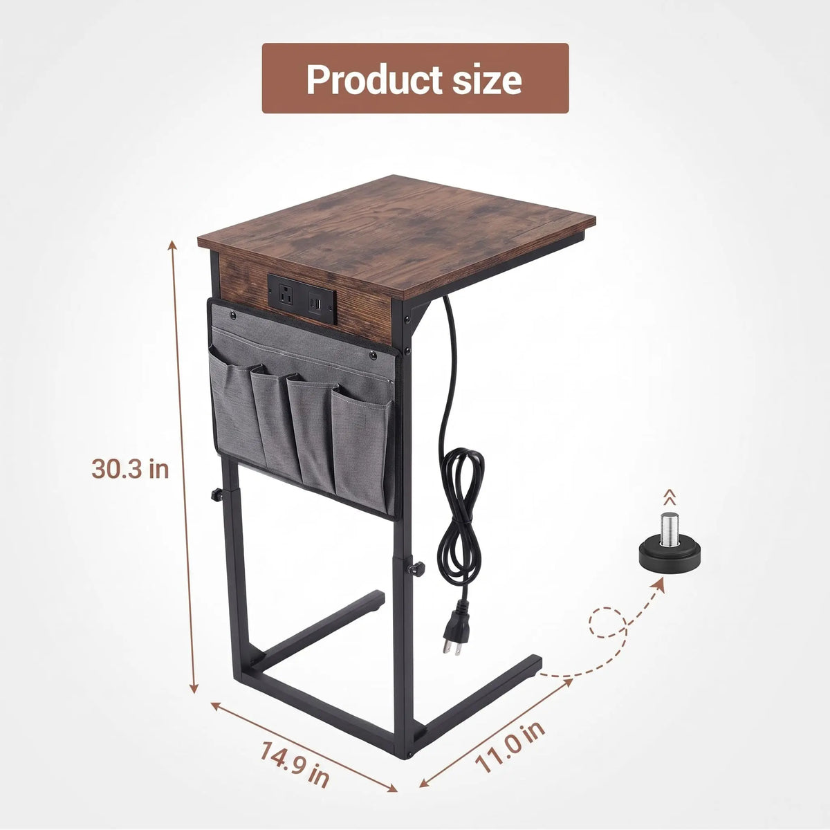C-Shaped End Table with Charging Station - Slim Couch Side Table for Living Room/Bedroom - Built-In Outlet & Plug, Behind Sofa Use - Fire Color, US Standard Plug