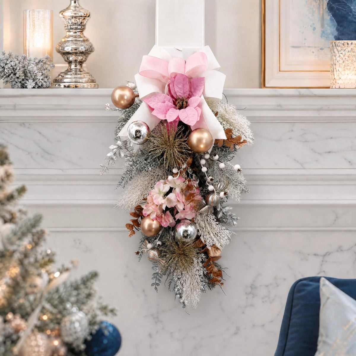 30 Inch Pink Christmas Teardrop Swag With Satin Ribbon Bow, Frosted Pvc Pine For Front Door Wall Window Mantel Holiday Decor
