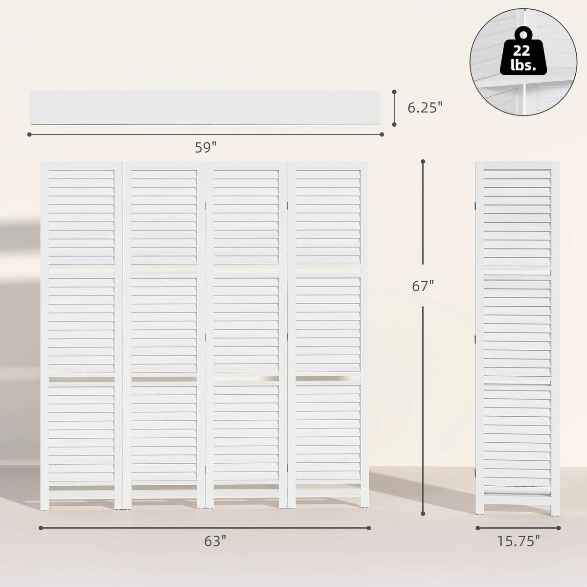 Wood Mobile Folding Privacy Screen, Room Divider W/ Shelves Distressed White