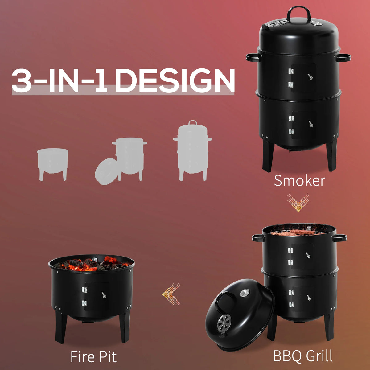 3-in-1 Outdoor Barbecue Charcoal Smoker and Grill with Two Grates and Thermometer
