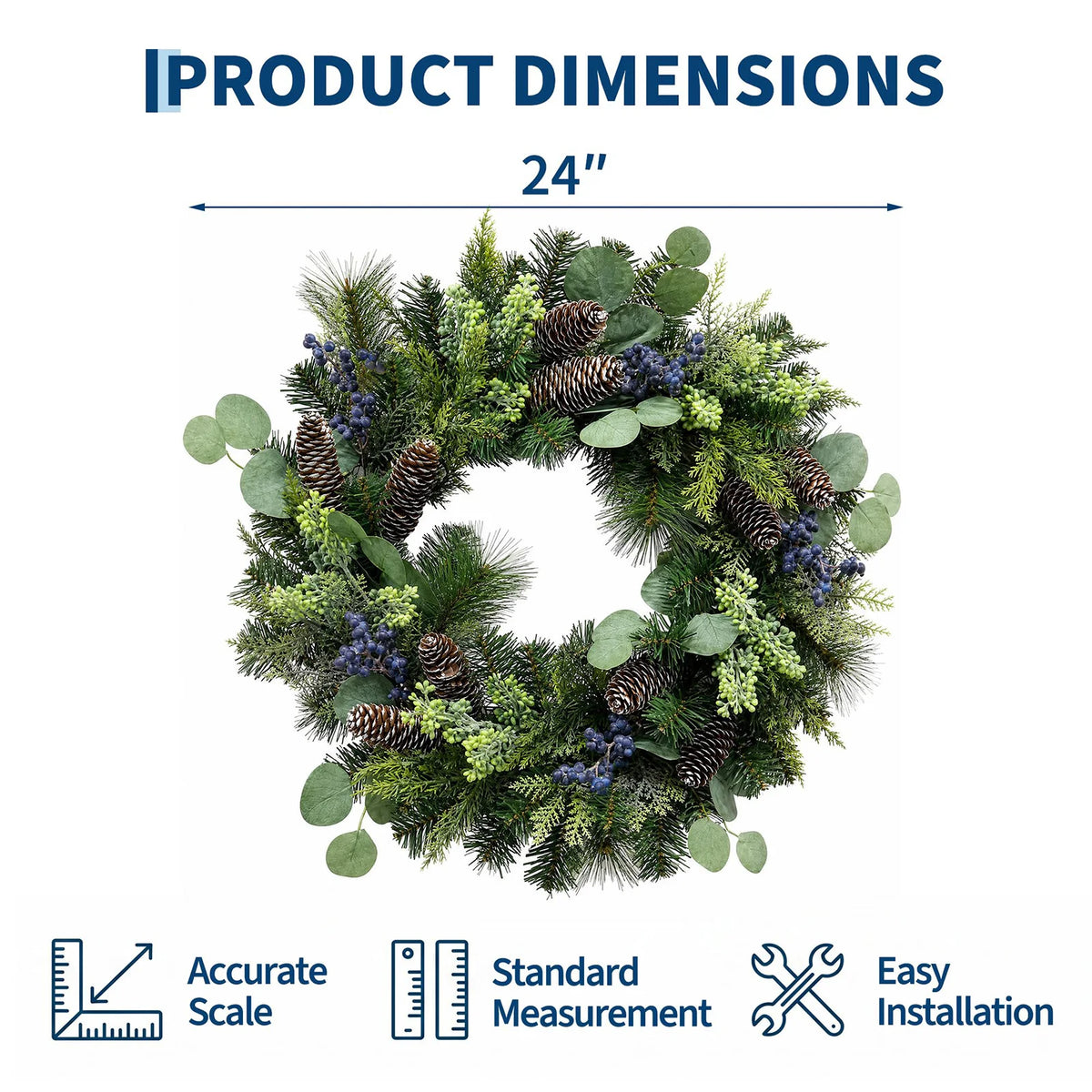 24 Inch Pre-Lit Blue Berry Christmas Wreath With 20 Led Lights, 8 Modes & Timer, Battery Operated Front Door Mantel Decor