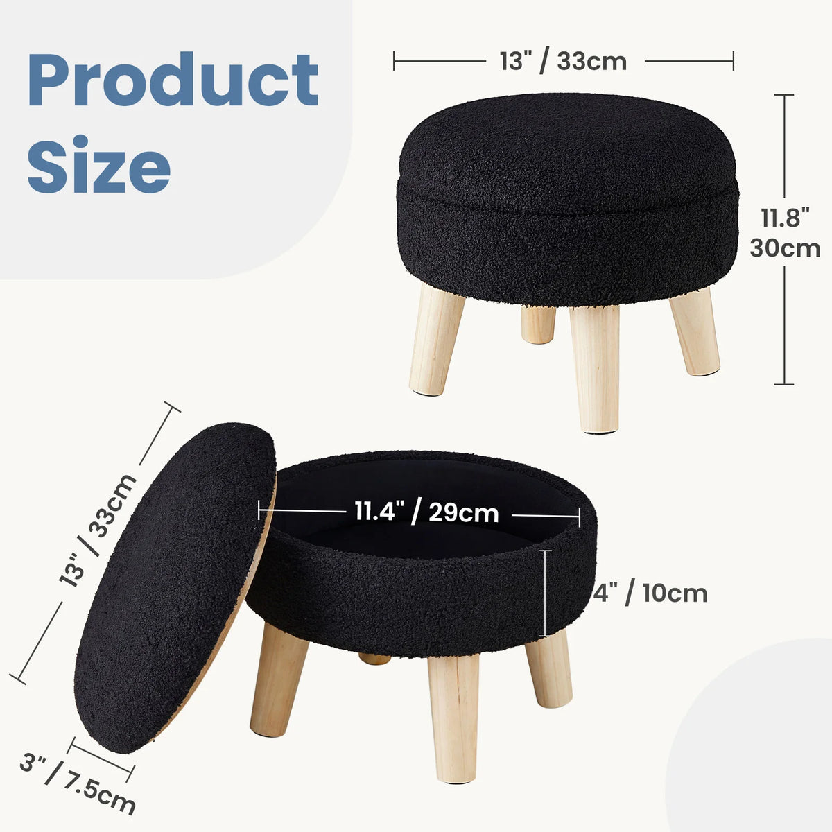 MCQ Round Velvet Ottoman Foot Rest Stool with Storage Makeup Cute Soft Small Footstool Wood Legs with Anti-Slip Feet for Living Room Bedroom Entryway