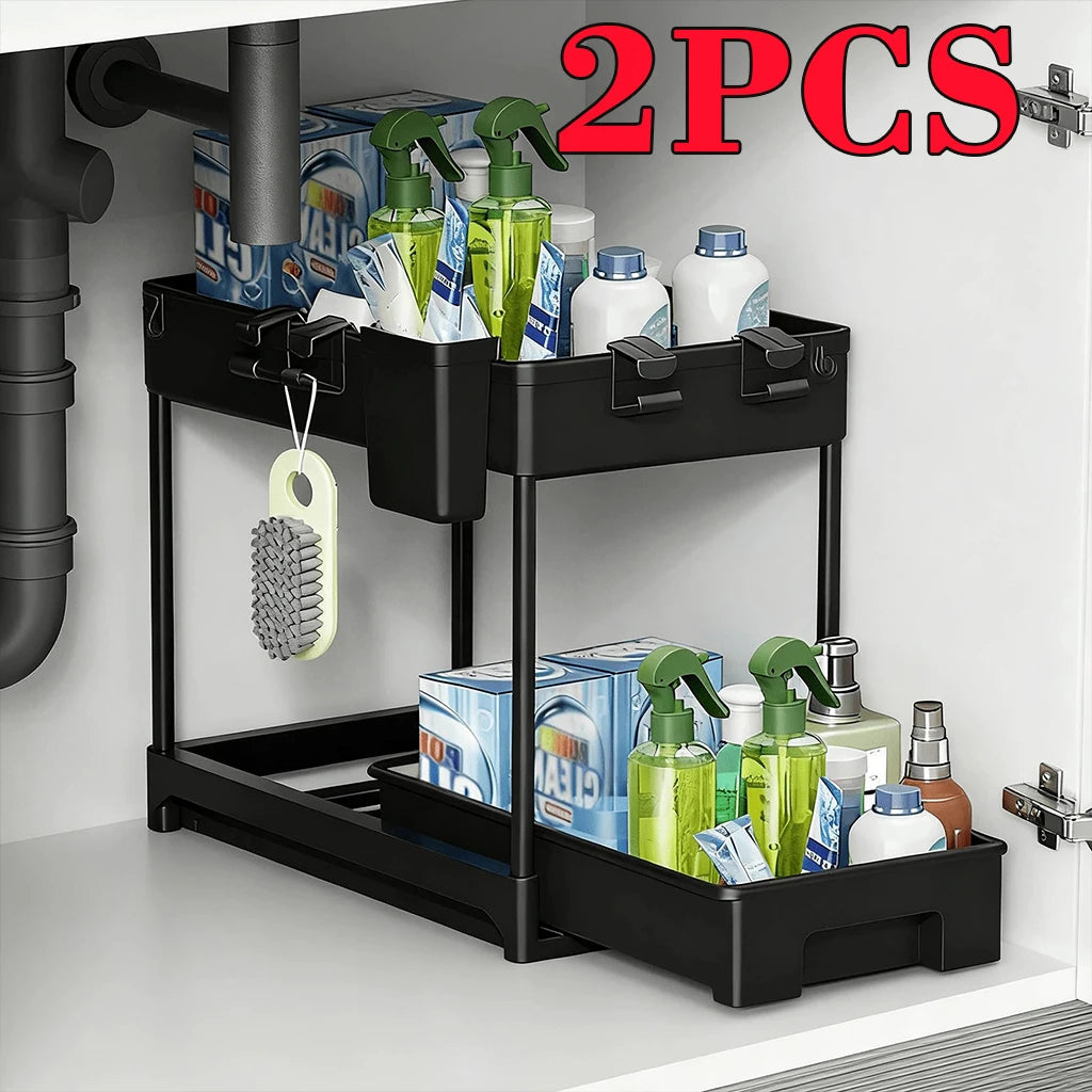 2 PCS Under Sink Organizer With Pull Out Shelves, 2 Tier Expandable Cabinet Storage Rack, Adjustable Under Sink Shelf For Bathroom Kitchen