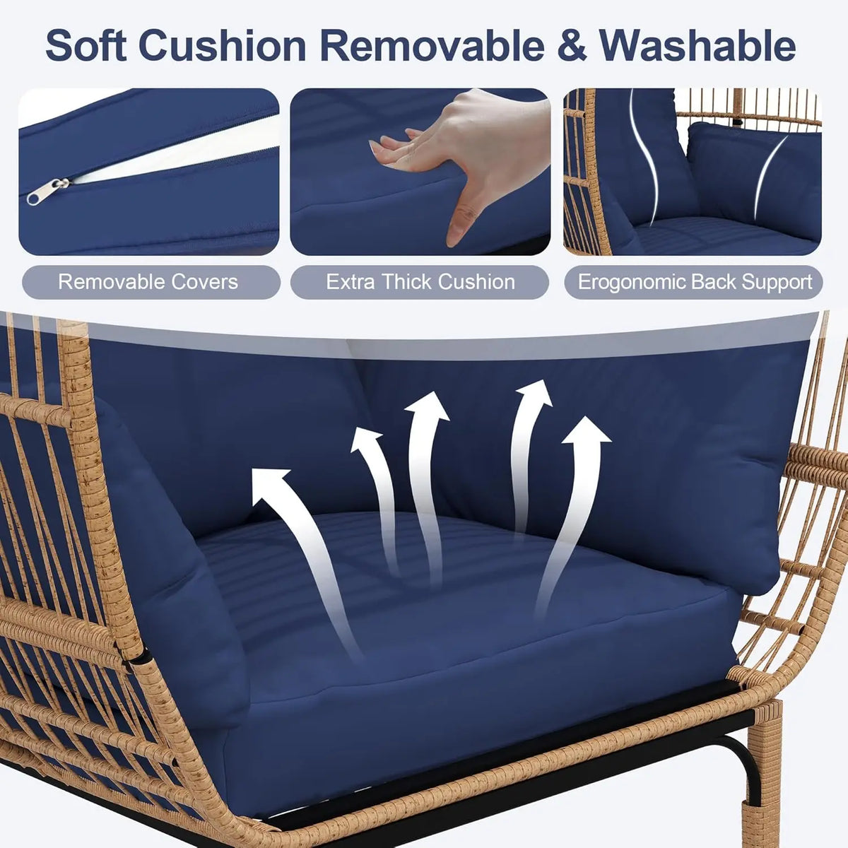 Egg Chair Wicker Outdoor Chair, Patio Chair Lounger Chair with 5 Cushion for Living Room, Bedroom, Patio Backyard Balcony