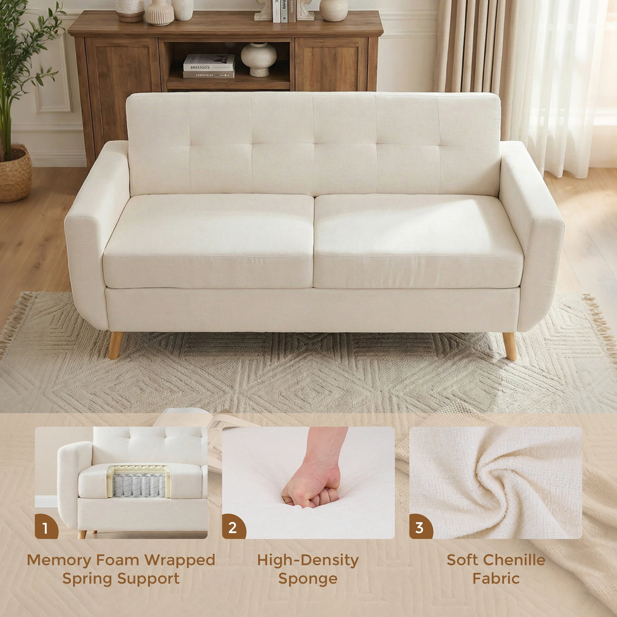 WELAX 65 Inch Loveseat Sofa, Modern 2-Seater Couch with Button Tufted Upholstery, Solid Wood Legs, Small Comfy Sofa for Living Room, Apartment