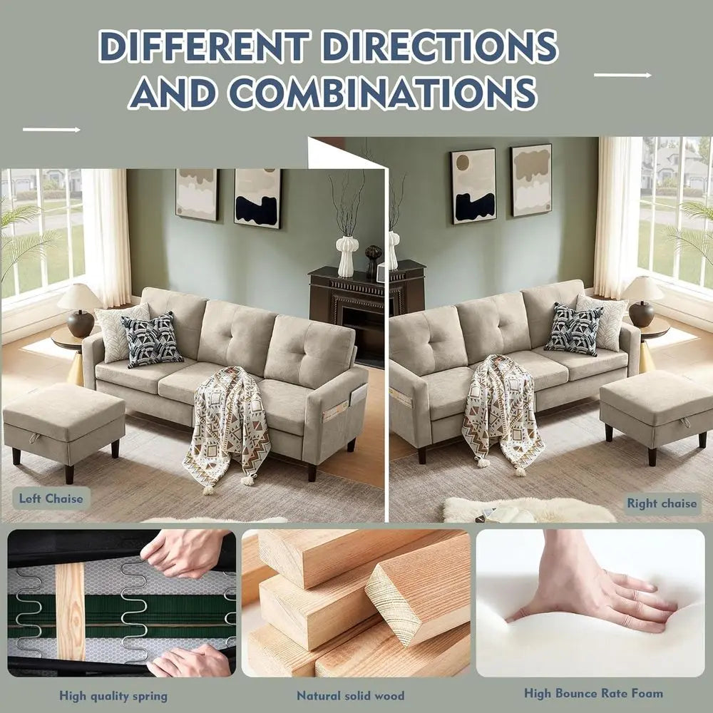 79" Convertible Sectional Soa, Small L Shaped 3 Seat Couch with Storage Chaise and Side ket, ern Linen abric Reversible Soa Couc