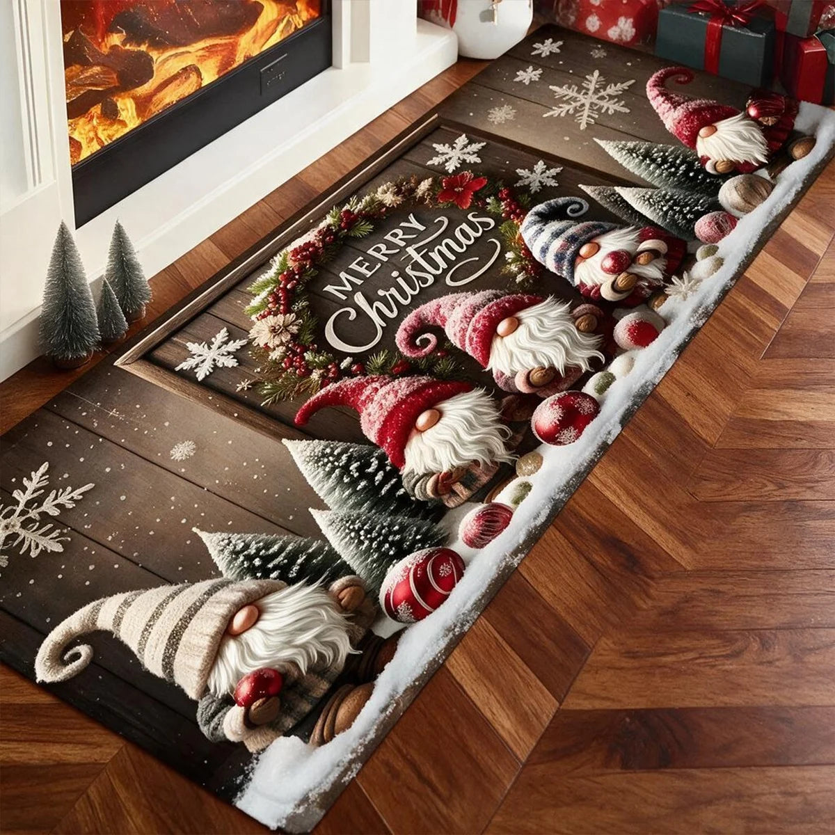 Christmas Kitchen Rug Square Plush Flannel Floor Mat with Woodland Animal Print Non Slip Water Absorbent