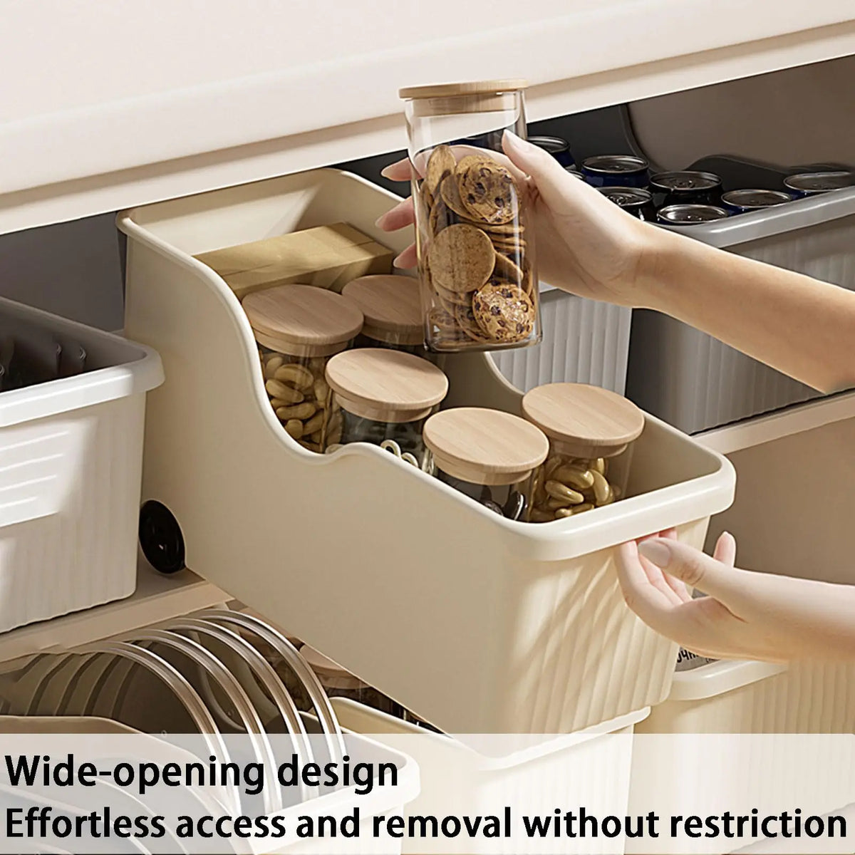 Rolling Kitchen Cart Island Trolley PP Plastic Pull-Out Storage Bin with Wheels 3 Pack Beige