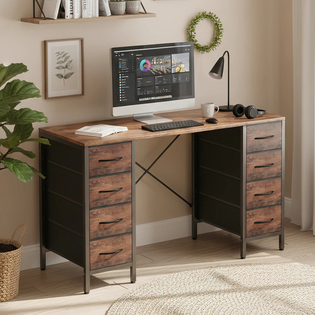 MCQ 47 Inch Standing Office Computer Desk with 8 Fabric Drawers Ergonomic X-Shaped Reinforced Structure Writing Study Work Table Gaming Table for Home Office Use Workstation ﻿