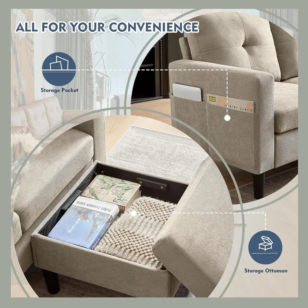 79" Convertible Sectional Soa, Small L Shaped 3 Seat Couch with Storage Chaise and Side ket, ern Linen abric Reversible Soa Couc