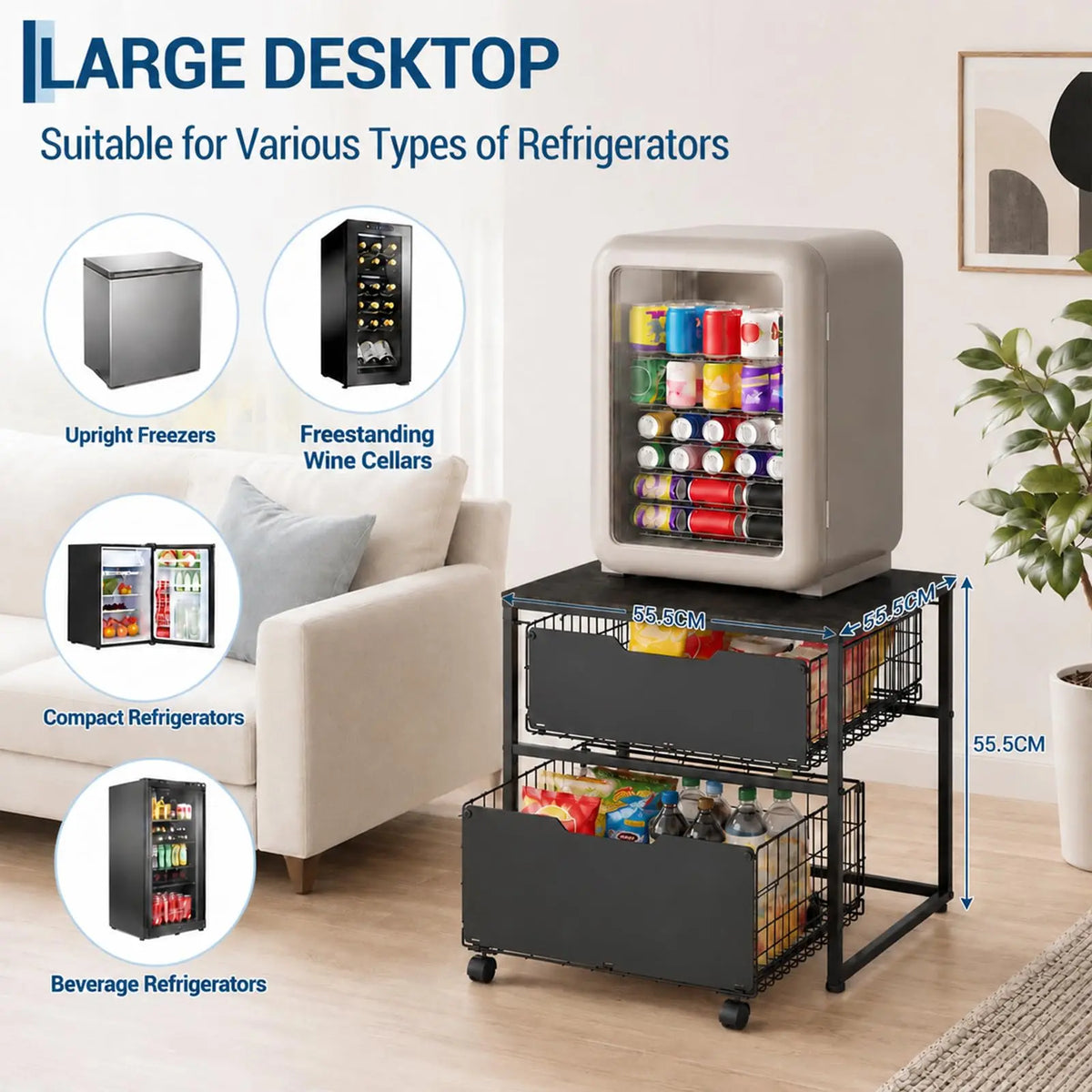 22x22 Inch Mini Fridge Stand With 2 Pull Out Storage Baskets, 4 Wheels, 300 lb Steel Frame Refrigerator Table For Dorm Kitchen Office