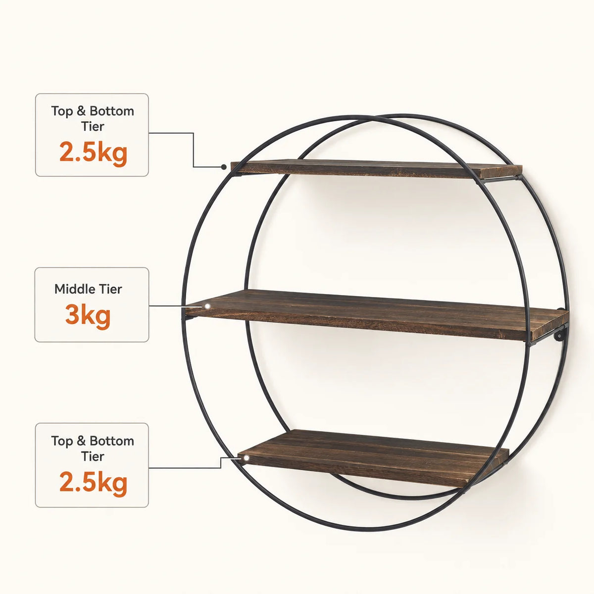 3-Tier Round Wall Shelf, Pine Wood Floating Shelves with Black Iron Frame, Industrial Display Rack for Living Room Bedroom