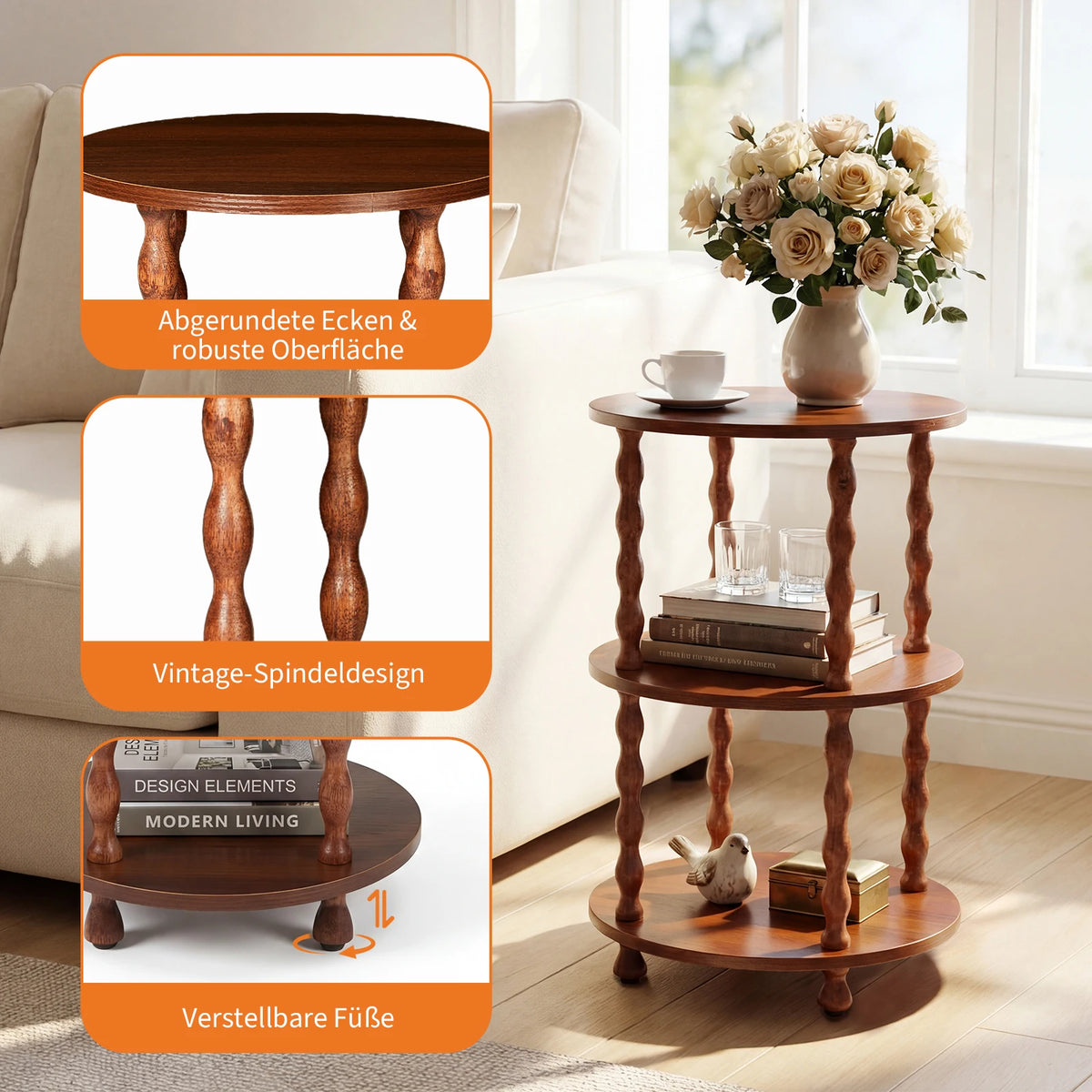 3-Tier Round Side Table, Wooden End Table with Spiral Legs, Multi Tier Accent Nightstand for Living Room Bedroom Small Spaces
