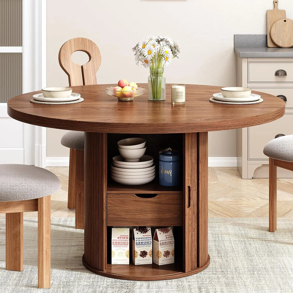 ONBRILL 47'' Round Dining Table (119cm) with Storage - Walnut Wood Finish Kitchen Table | Space-Saving Design Seats 4-6 People, Compact for Small Spaces