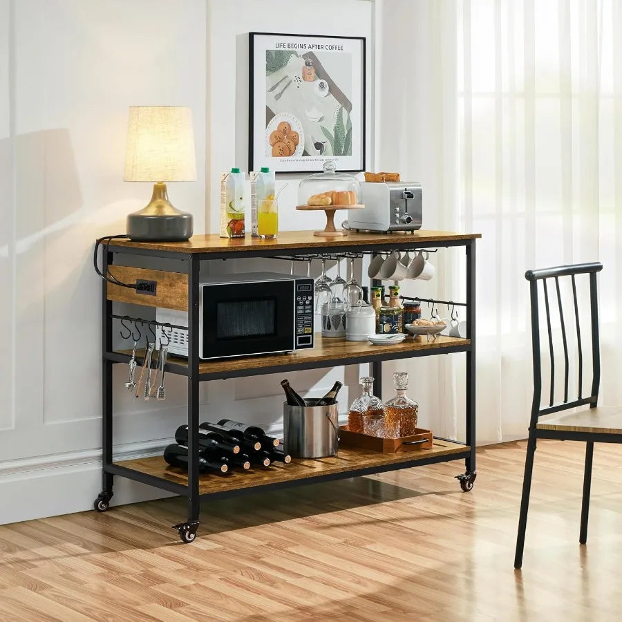Rolling Kitchen Island with Power Outlet, 3 Shelves, Rustic Brown