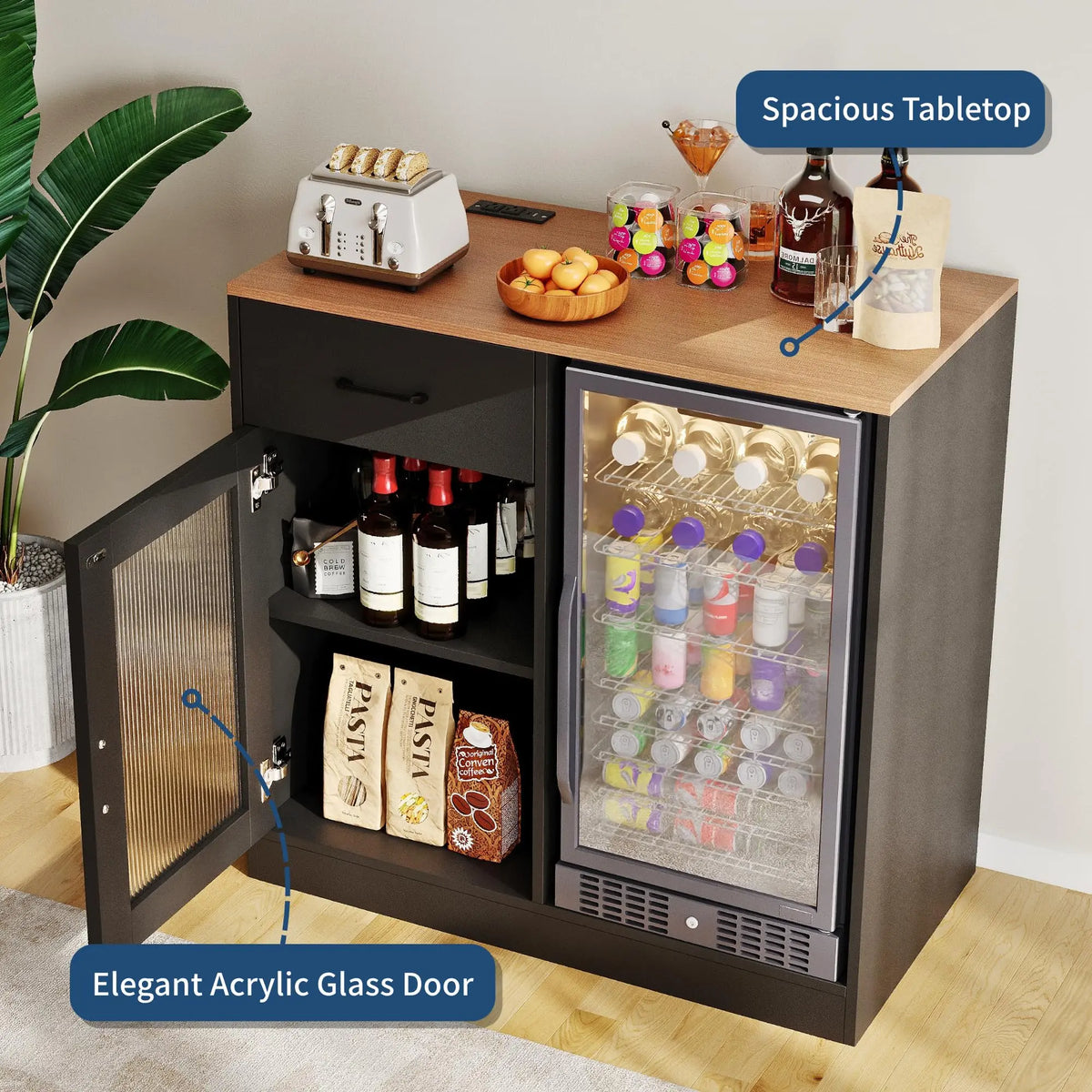 Coffee Bar Cabinet With Mini Fridge Space, Power Outlet, Fluted Acrylic Doors, Drawer, Glass Holders, Adjustable Storage Shelves