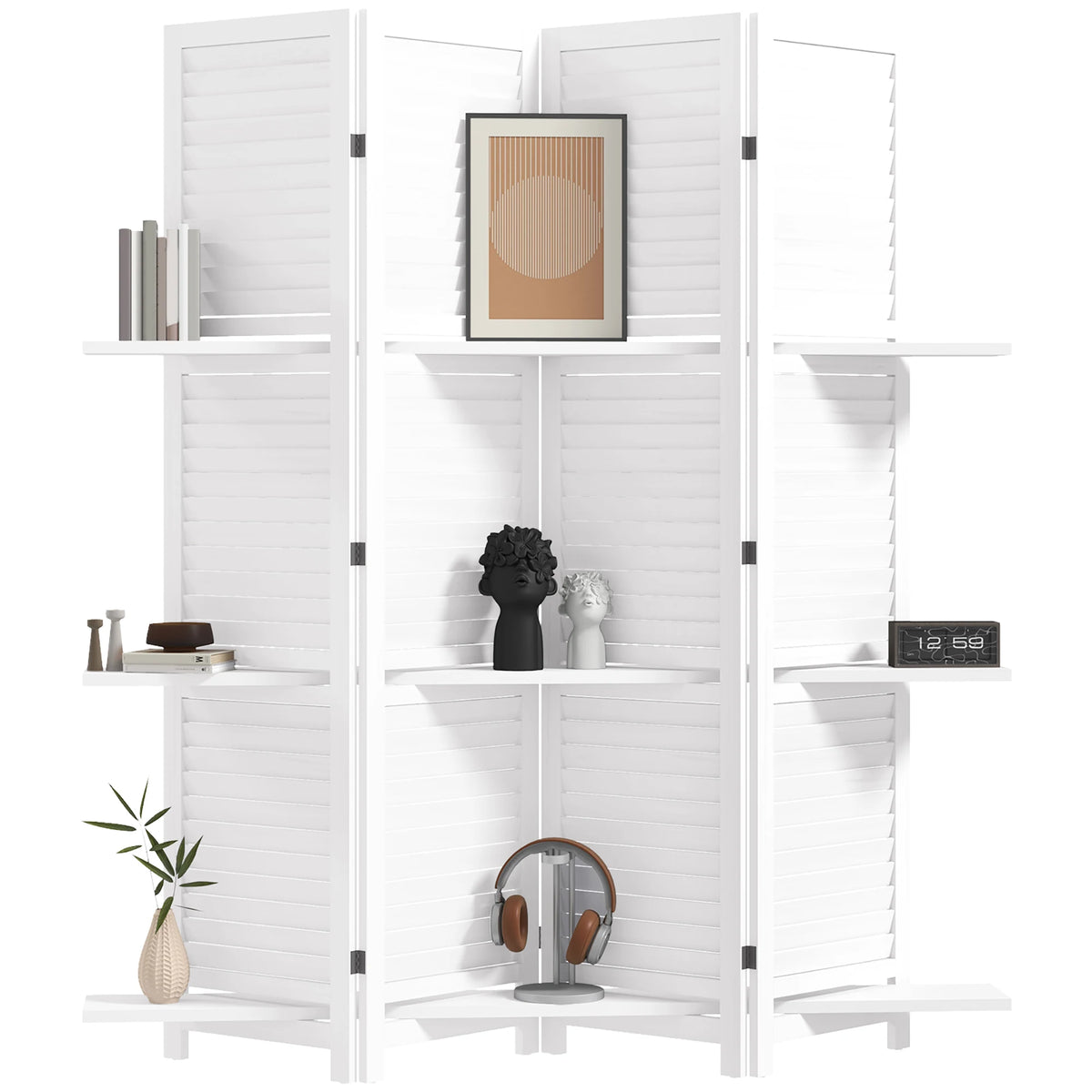 Wood Mobile Folding Privacy Screen, Room Divider W/ Shelves Distressed White