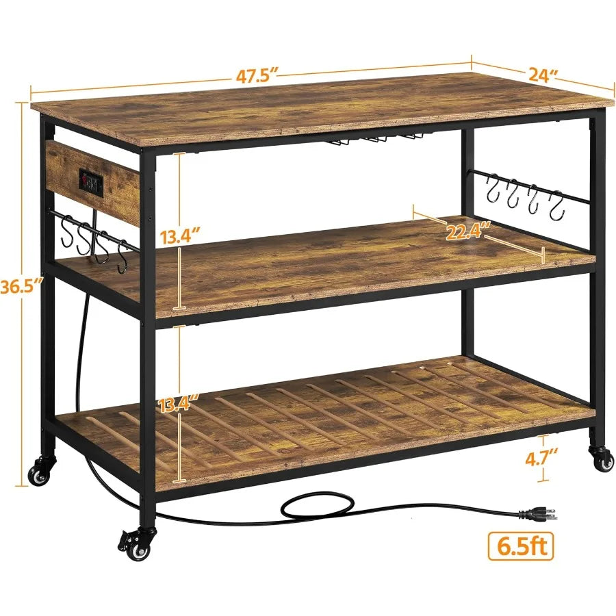 Rolling Kitchen Island with Power Outlet, 3 Shelves, Rustic Brown