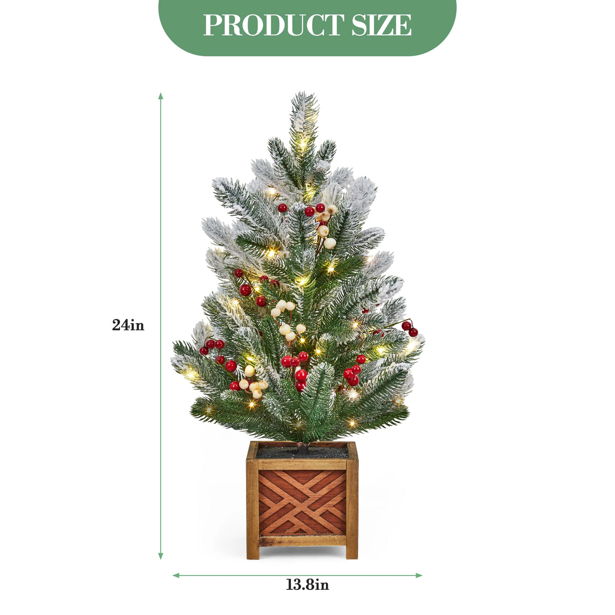 24" Pre-Lit Mini Christmas Tree with LED Lights – Frosted Artificial Pine Tree with Red & White Berries, Bow, Balls & Pine Cones – Battery Operated Tabletop Holiday Decor with Wooden Base