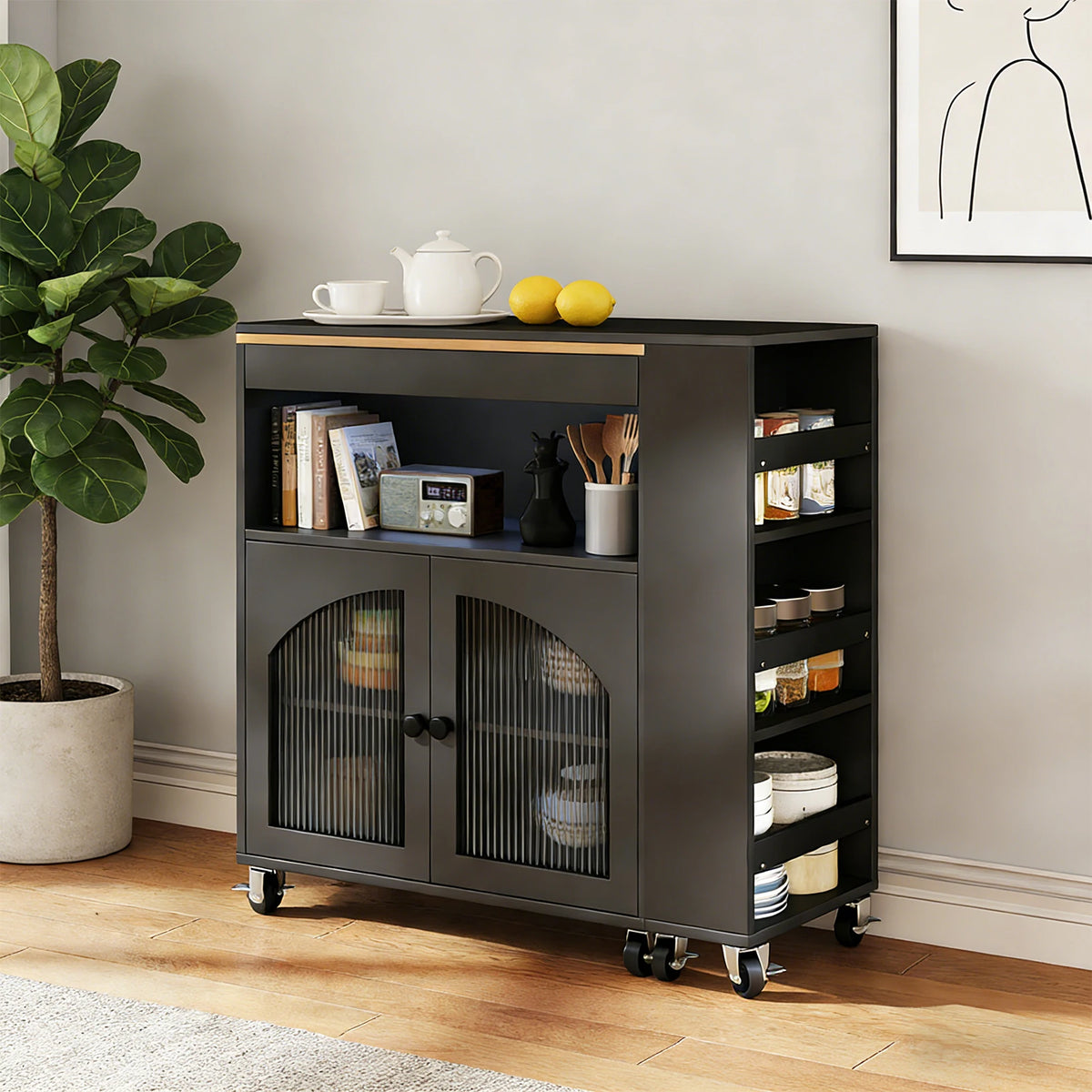 Kitchen Island On Wheels w Storag Extended Table MDF Rolling Kitchen Storage Cart w LED Light Power Outlets 2 Fluted Glass Doors