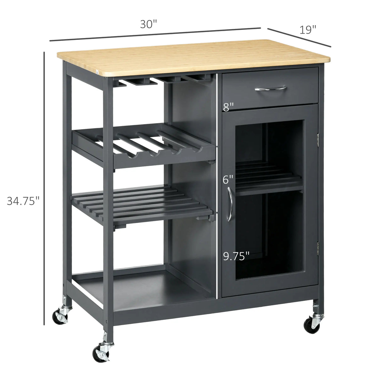 HOMCOM Rolling Kitchen Island with Storage, Kitchen Cart with 4-bottle Wine Rack, Bar Cart with Stemware Holder, Shelves, Drawer and Cabinet, Gray