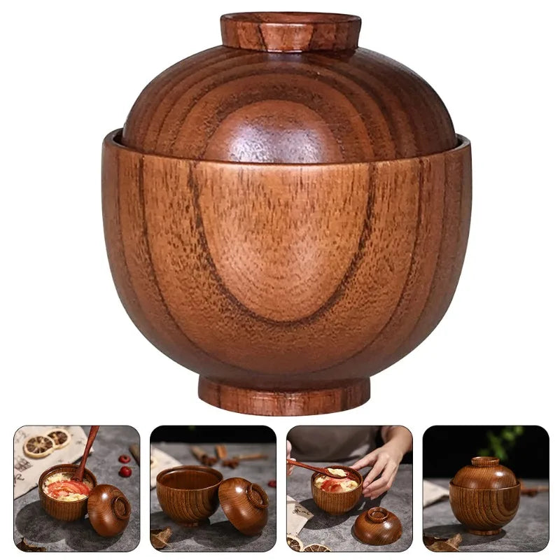Wooden Bowl with Lid Set Child Safe Anti Scald Miso Soup Bowl Rice Salad Bowl Natural Wood Serving Tableware Nut Bowl for Home Kitchen
