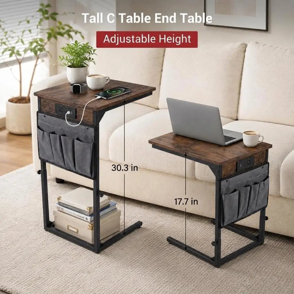 C-Shaped End Table with Charging Station - Slim Couch Side Table for Living Room/Bedroom - Built-In Outlet & Plug, Behind Sofa Use - Fire Color, US Standard Plug