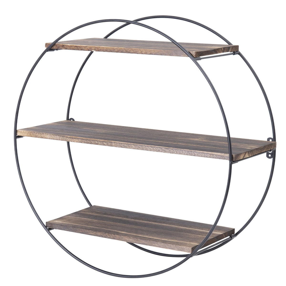 3-Tier Round Wall Shelf, Pine Wood Floating Shelves with Black Iron Frame, Industrial Display Rack for Living Room Bedroom