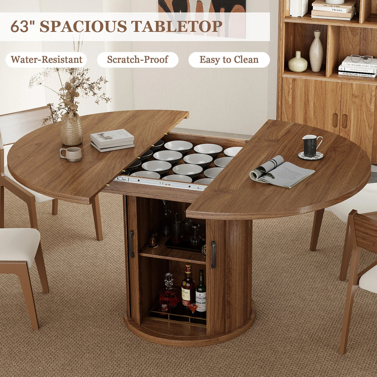 Modern Extendable Round Dining Table 47''-63'' for 4 to 8 People with 2-Tier Storage Shelf Space-Saving Oval Design Wood Kitchen Table with Pedestal Base
