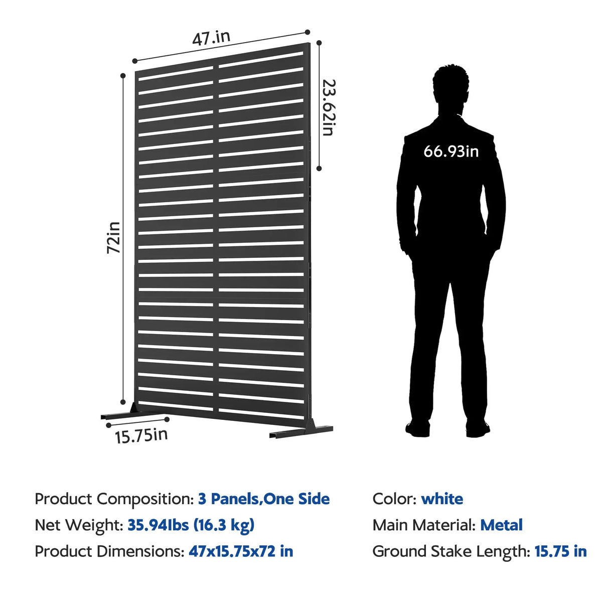 6FT Outdoor Metal Privacy Fence Freestanding Screen Panel With Stand, Decorative Room Divider For Patio Yard Balcony
